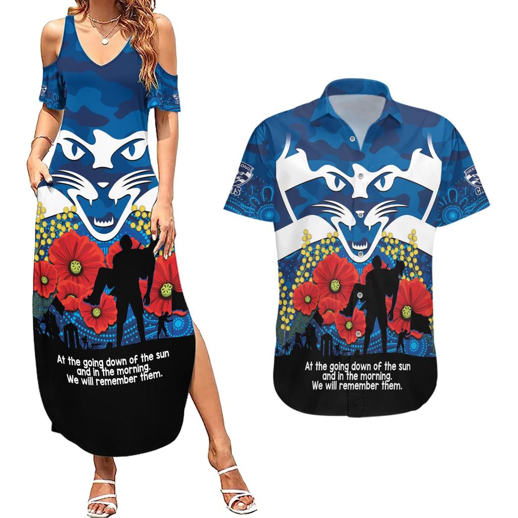 Custom Geelong Football ANZAC Couples Matching Summer Maxi Dress and Hawaiian Shirt Gallipoli Camouflage With Poppies
