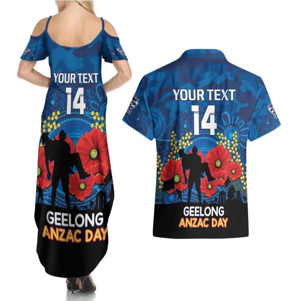 Custom Geelong Football ANZAC Couples Matching Summer Maxi Dress and Hawaiian Shirt Gallipoli Camouflage With Poppies