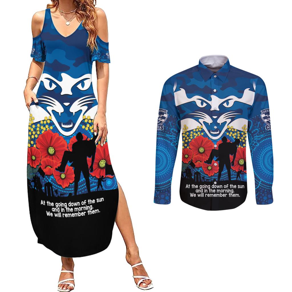 Custom Geelong Football ANZAC Couples Matching Summer Maxi Dress and Long Sleeve Button Shirt Gallipoli Camouflage With Poppies