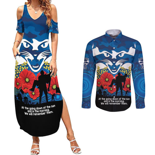 Custom Geelong Football ANZAC Couples Matching Summer Maxi Dress and Long Sleeve Button Shirt Gallipoli Camouflage With Poppies
