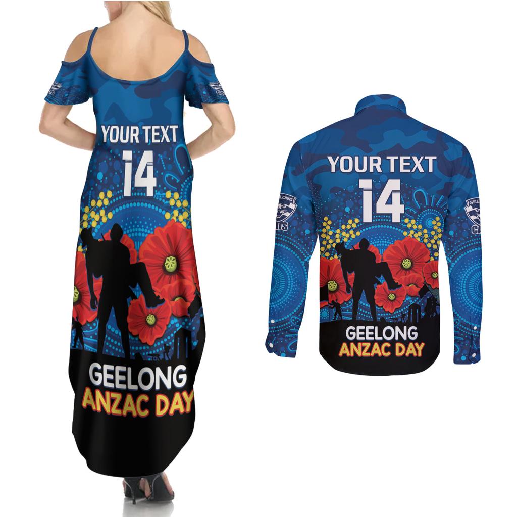 Custom Geelong Football ANZAC Couples Matching Summer Maxi Dress and Long Sleeve Button Shirt Gallipoli Camouflage With Poppies