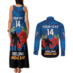 Custom Geelong Football ANZAC Couples Matching Tank Maxi Dress and Long Sleeve Button Shirt Gallipoli Camouflage With Poppies