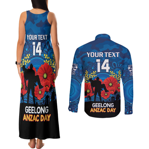 Custom Geelong Football ANZAC Couples Matching Tank Maxi Dress and Long Sleeve Button Shirt Gallipoli Camouflage With Poppies