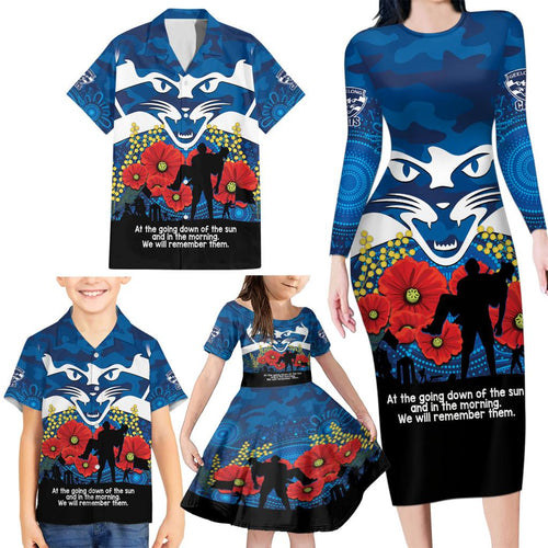 Custom Geelong Football ANZAC Family Matching Long Sleeve Bodycon Dress and Hawaiian Shirt Gallipoli Camouflage With Poppies