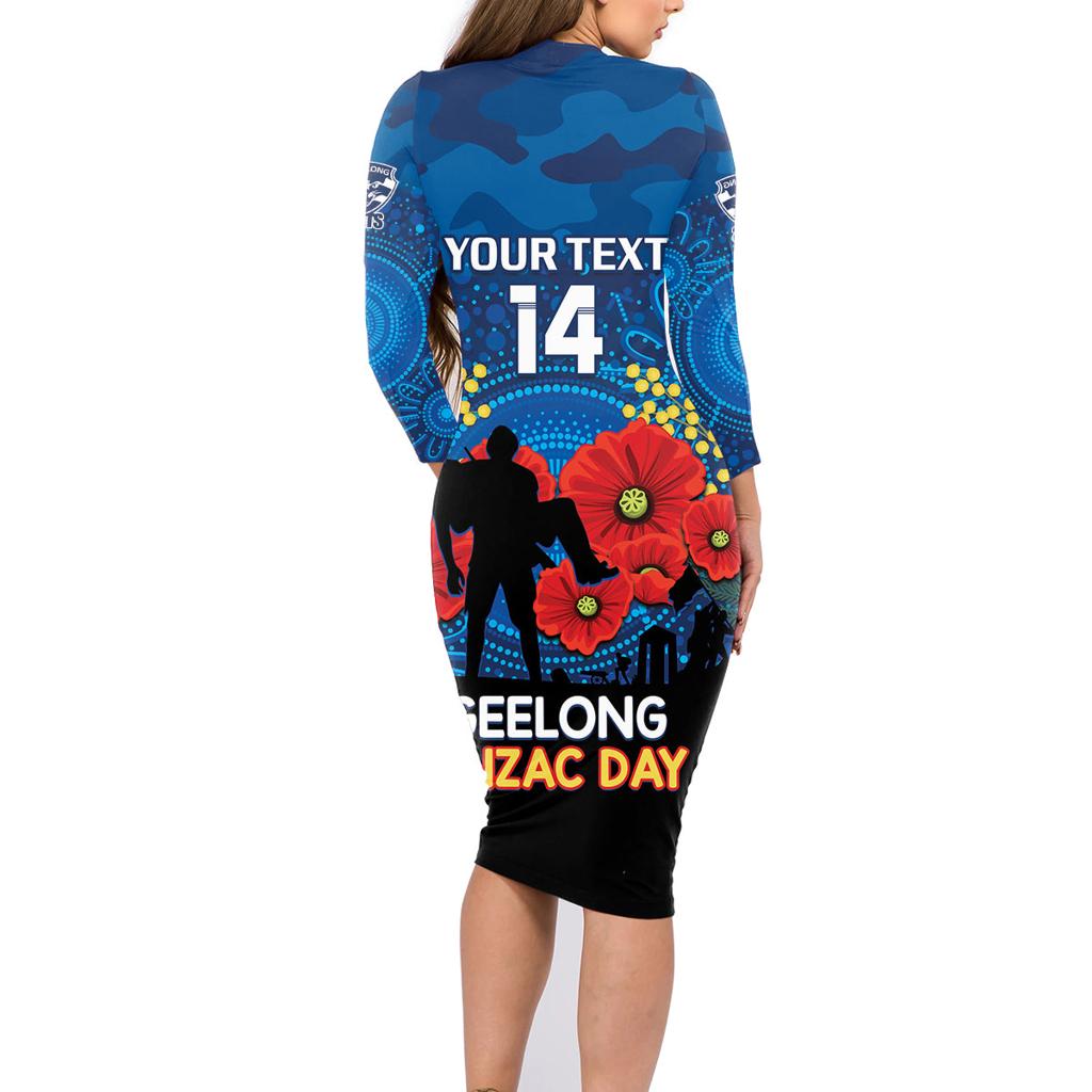 Custom Geelong Football ANZAC Family Matching Long Sleeve Bodycon Dress and Hawaiian Shirt Gallipoli Camouflage With Poppies