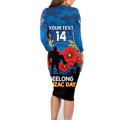 Custom Geelong Football ANZAC Family Matching Long Sleeve Bodycon Dress and Hawaiian Shirt Gallipoli Camouflage With Poppies