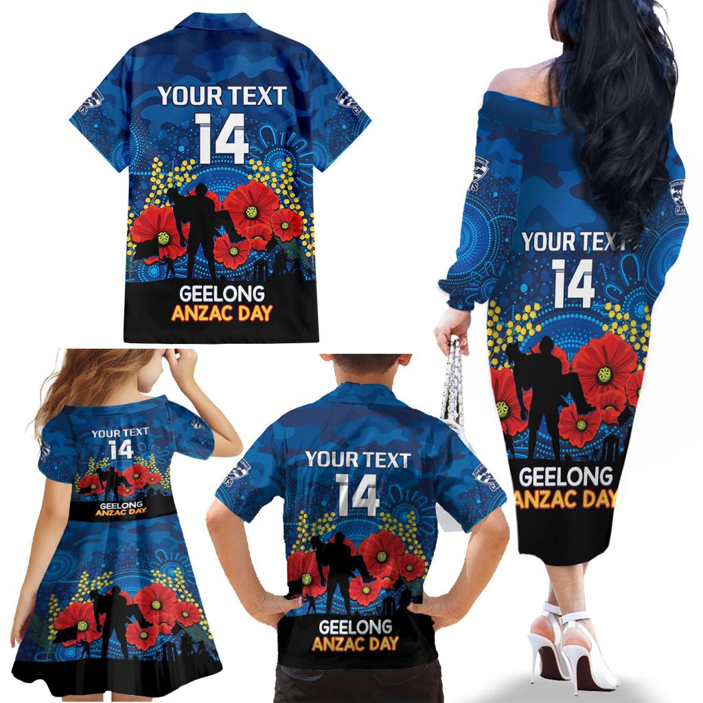 Custom Geelong Football ANZAC Family Matching Off Shoulder Long Sleeve Dress and Hawaiian Shirt Gallipoli Camouflage With Poppies