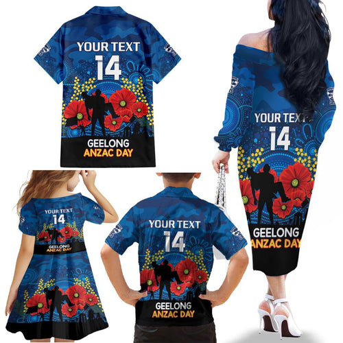 Custom Geelong Football ANZAC Family Matching Off Shoulder Long Sleeve Dress and Hawaiian Shirt Gallipoli Camouflage With Poppies