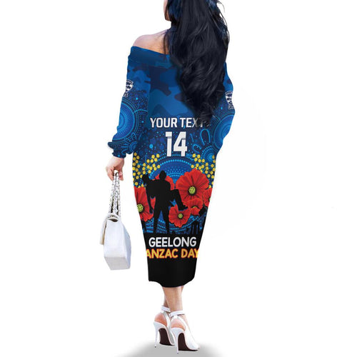 Custom Geelong Football ANZAC Family Matching Off Shoulder Long Sleeve Dress and Hawaiian Shirt Gallipoli Camouflage With Poppies