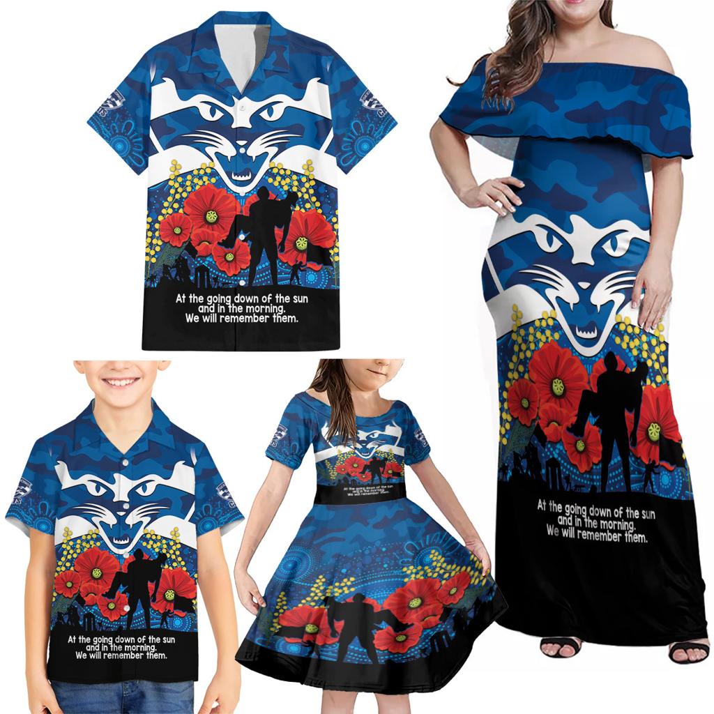 Custom Geelong Football ANZAC Family Matching Off Shoulder Maxi Dress and Hawaiian Shirt Gallipoli Camouflage With Poppies