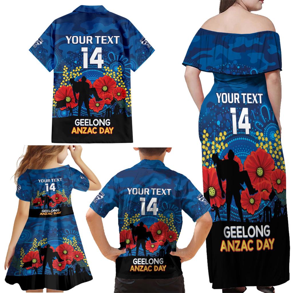 Custom Geelong Football ANZAC Family Matching Off Shoulder Maxi Dress and Hawaiian Shirt Gallipoli Camouflage With Poppies