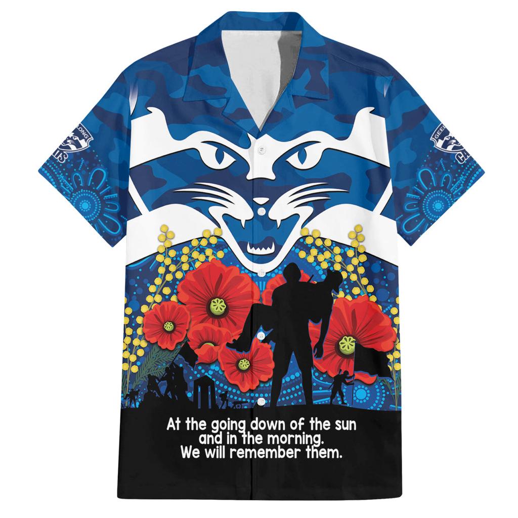 Custom Geelong Football ANZAC Family Matching Off Shoulder Maxi Dress and Hawaiian Shirt Gallipoli Camouflage With Poppies