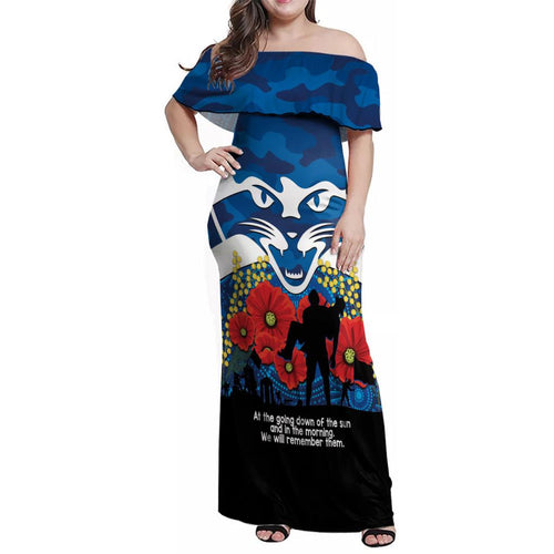 Custom Geelong Football ANZAC Family Matching Off Shoulder Maxi Dress and Hawaiian Shirt Gallipoli Camouflage With Poppies