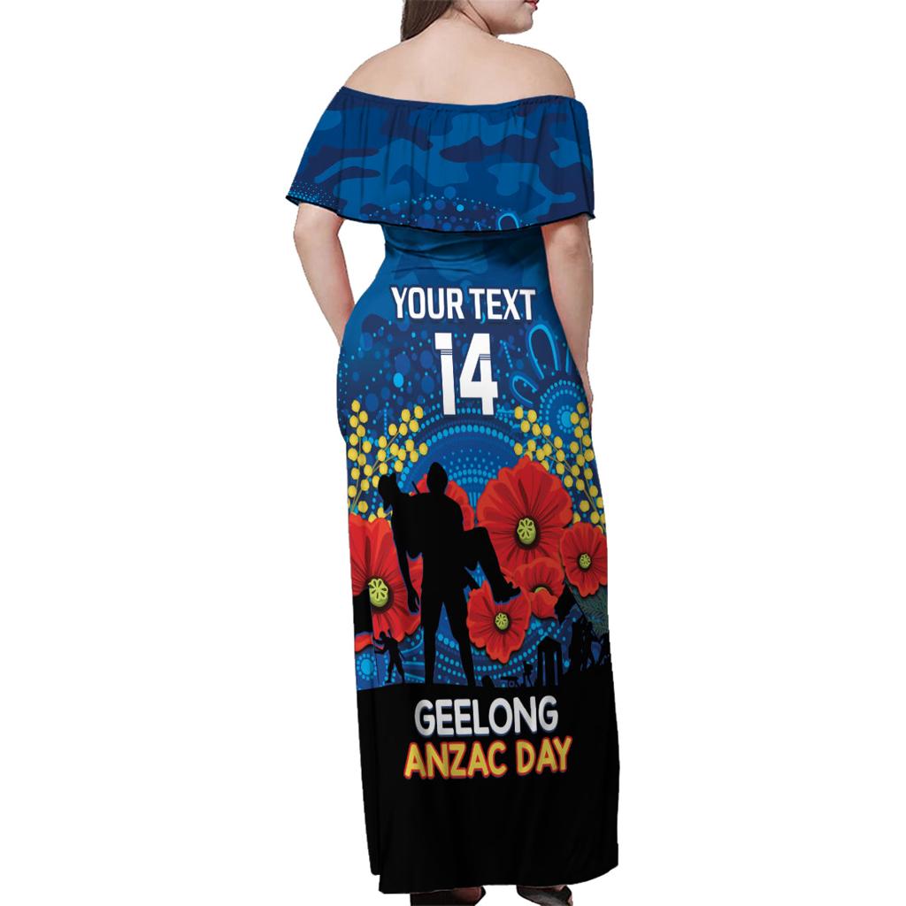 Custom Geelong Football ANZAC Family Matching Off Shoulder Maxi Dress and Hawaiian Shirt Gallipoli Camouflage With Poppies