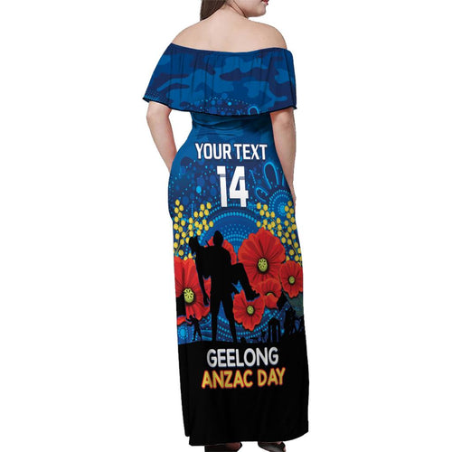 Custom Geelong Football ANZAC Family Matching Off Shoulder Maxi Dress and Hawaiian Shirt Gallipoli Camouflage With Poppies