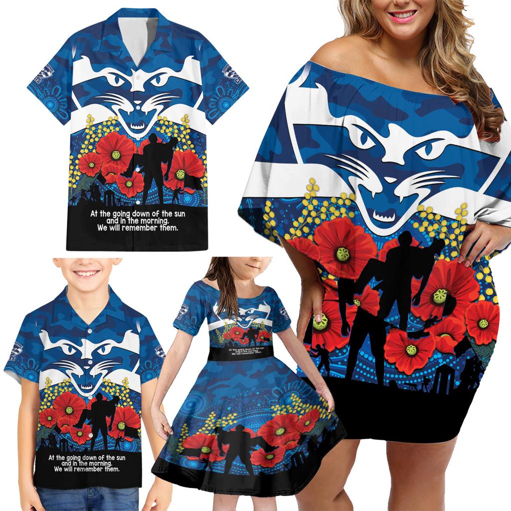 Custom Geelong Football ANZAC Family Matching Off Shoulder Short Dress and Hawaiian Shirt Gallipoli Camouflage With Poppies