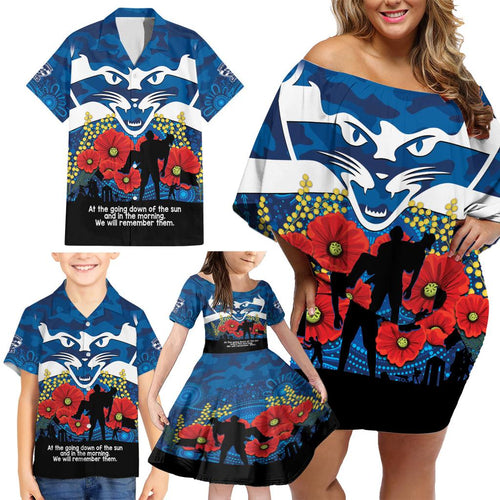 Custom Geelong Football ANZAC Family Matching Off Shoulder Short Dress and Hawaiian Shirt Gallipoli Camouflage With Poppies