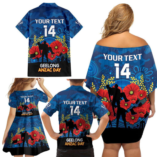 Custom Geelong Football ANZAC Family Matching Off Shoulder Short Dress and Hawaiian Shirt Gallipoli Camouflage With Poppies