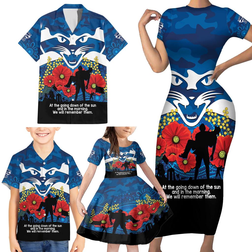Custom Geelong Football ANZAC Family Matching Short Sleeve Bodycon Dress and Hawaiian Shirt Gallipoli Camouflage With Poppies