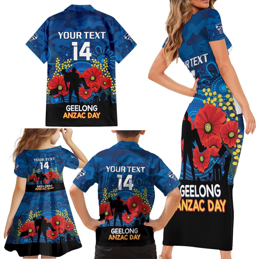 Custom Geelong Football ANZAC Family Matching Short Sleeve Bodycon Dress and Hawaiian Shirt Gallipoli Camouflage With Poppies
