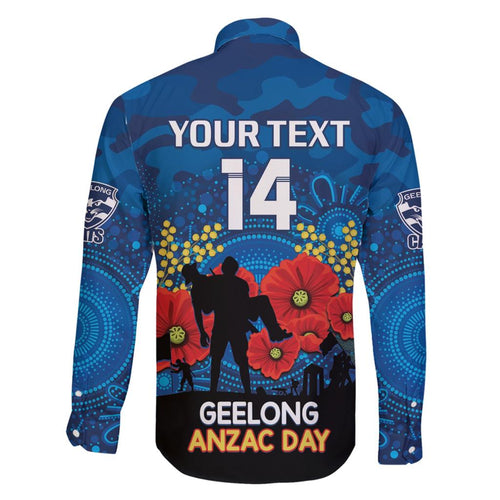 Custom Geelong Football ANZAC Family Matching Short Sleeve Bodycon Dress and Hawaiian Shirt Gallipoli Camouflage With Poppies