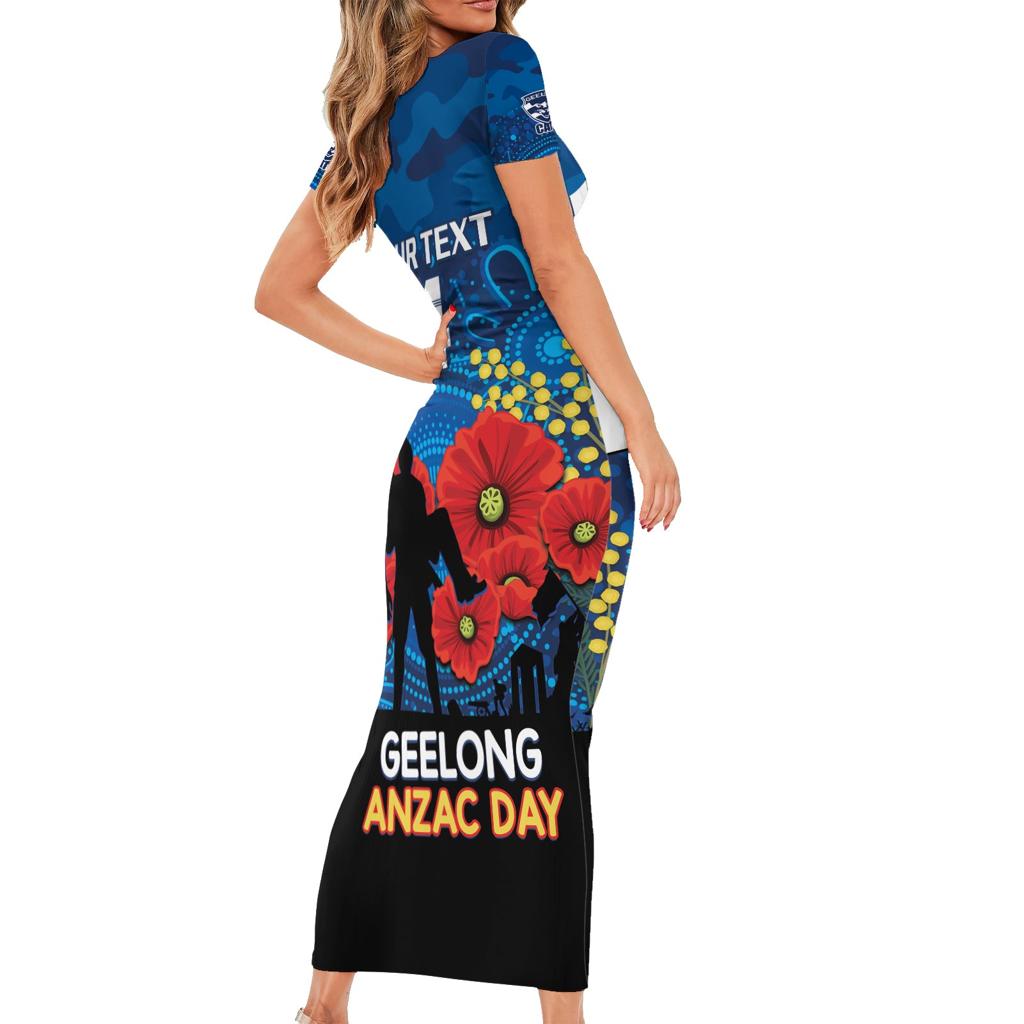 Custom Geelong Football ANZAC Family Matching Short Sleeve Bodycon Dress and Hawaiian Shirt Gallipoli Camouflage With Poppies