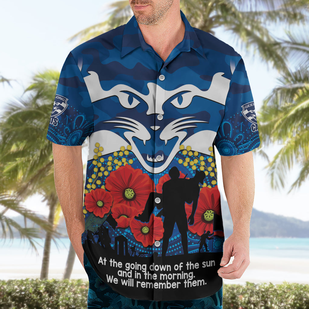 Custom Geelong Football ANZAC Hawaiian Shirt Gallipoli Camouflage With Poppies