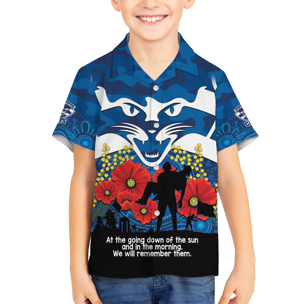 Custom Geelong Football ANZAC Kid Hawaiian Shirt Gallipoli Camouflage With Poppies