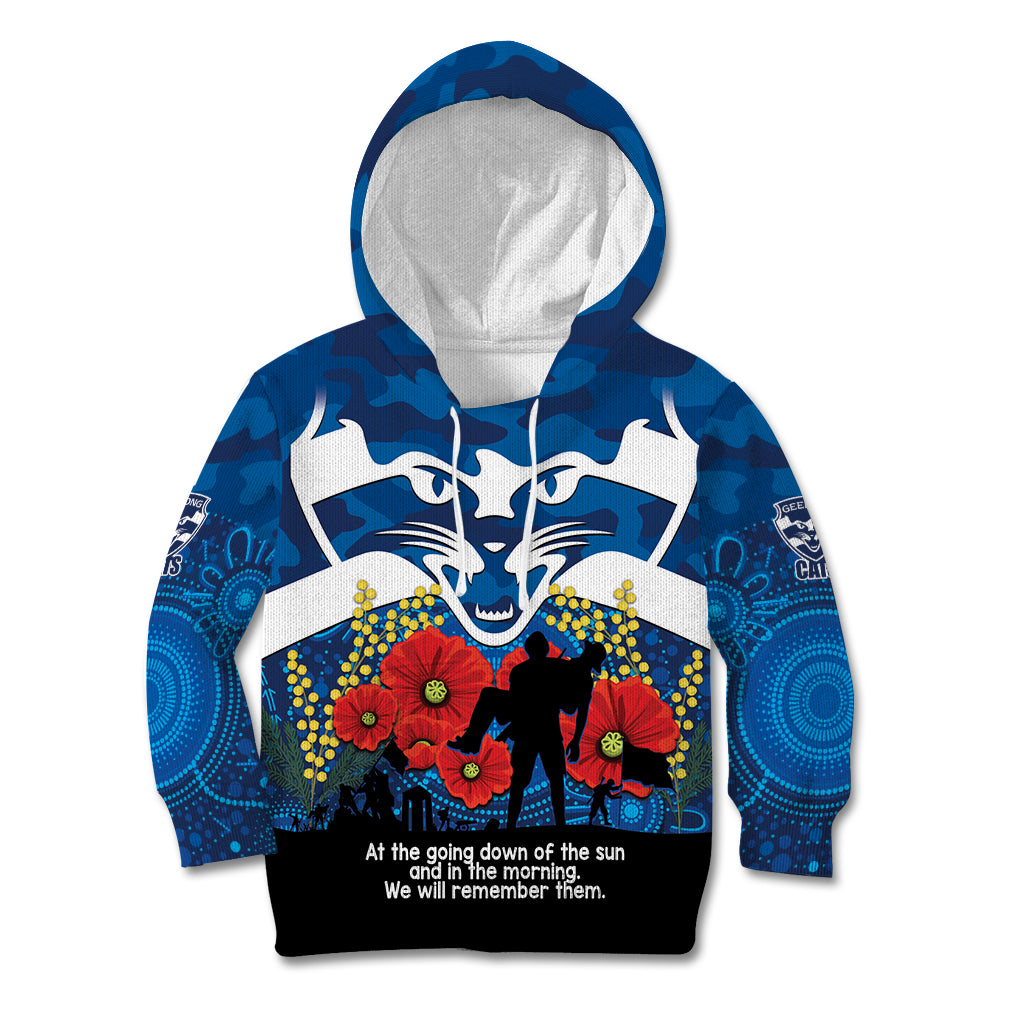 Custom Geelong Football ANZAC Kid Hoodie Gallipoli Camouflage With Poppies