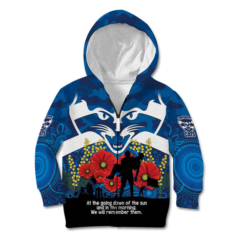 Custom Geelong Football ANZAC Kid Hoodie Gallipoli Camouflage With Poppies