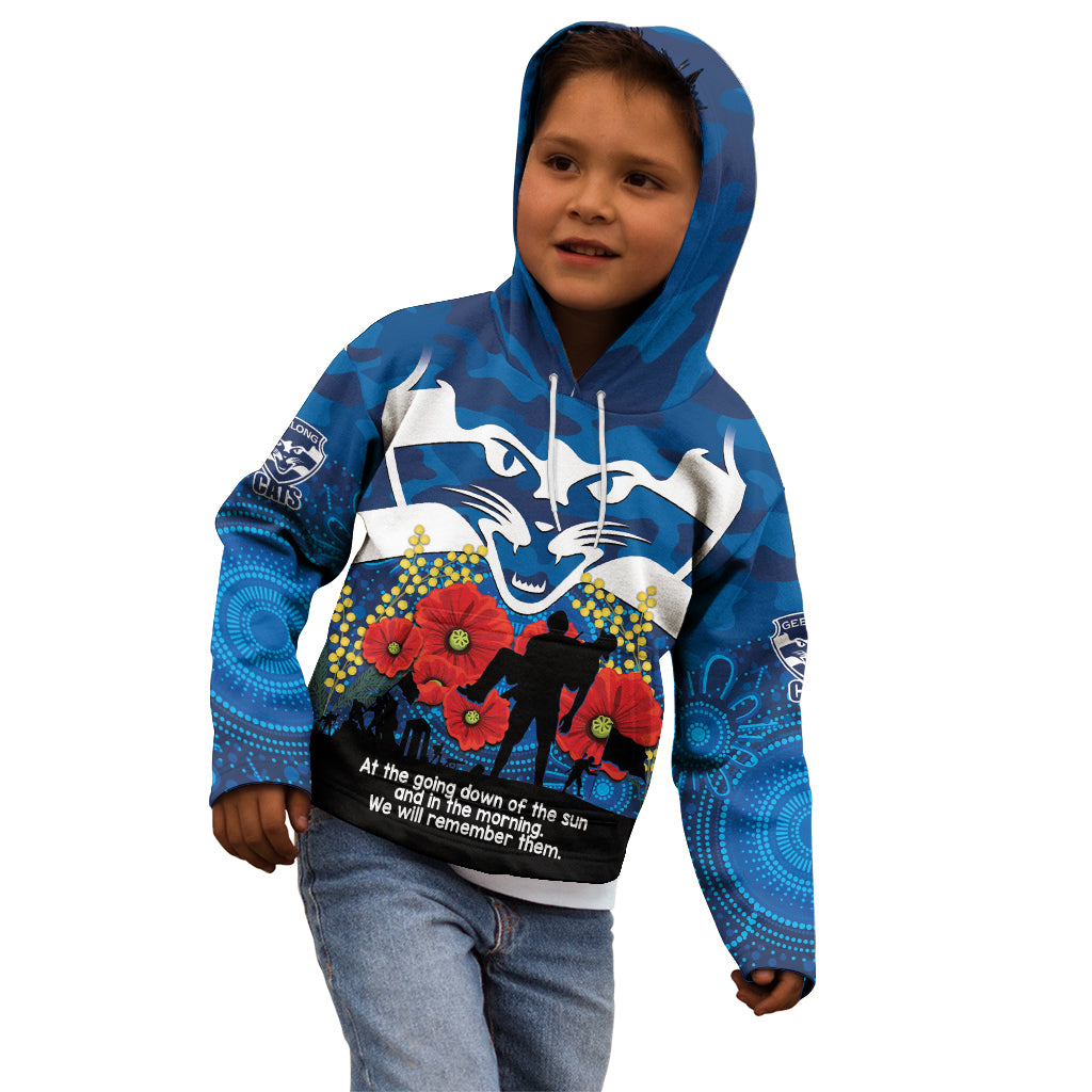 Custom Geelong Football ANZAC Kid Hoodie Gallipoli Camouflage With Poppies