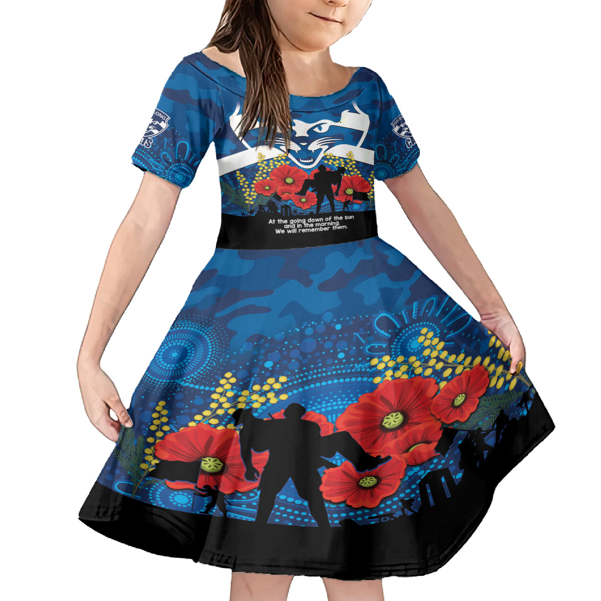 Custom Geelong Football ANZAC Kid Short Sleeve Dress Gallipoli Camouflage With Poppies