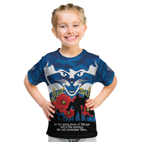 Custom Geelong Football ANZAC Kid T Shirt Gallipoli Camouflage With Poppies