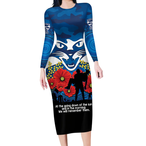 Custom Geelong Football ANZAC Long Sleeve Bodycon Dress Gallipoli Camouflage With Poppies