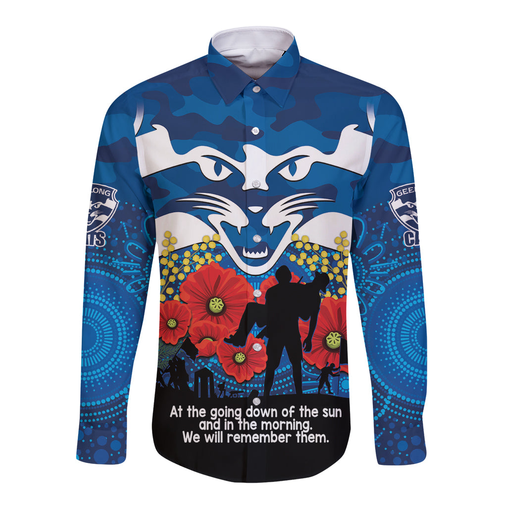 Custom Geelong Football ANZAC Long Sleeve Button Shirt Gallipoli Camouflage With Poppies