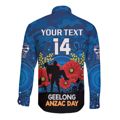Custom Geelong Football ANZAC Long Sleeve Button Shirt Gallipoli Camouflage With Poppies