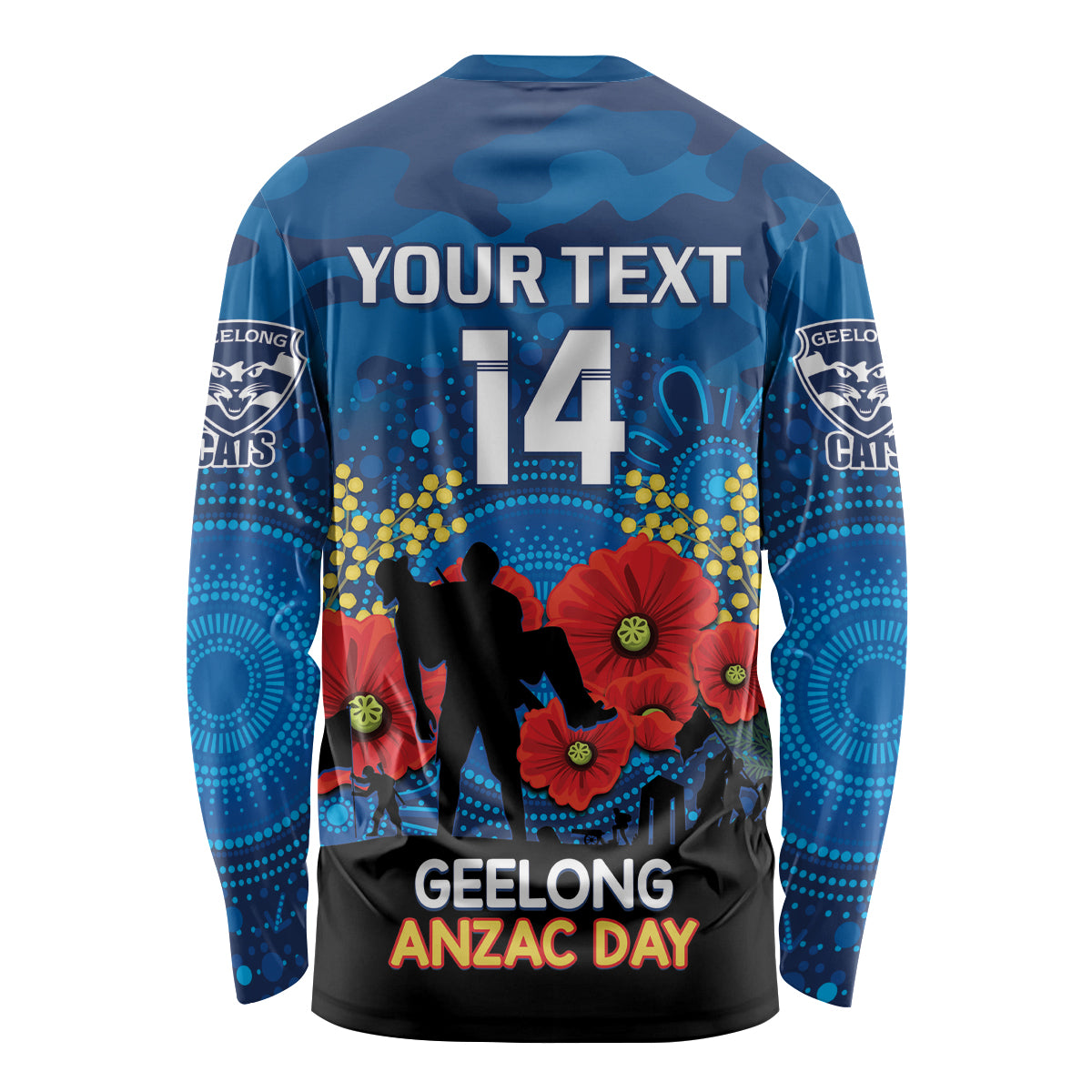 Custom Geelong Football ANZAC Long Sleeve Shirt Gallipoli Camouflage With Poppies