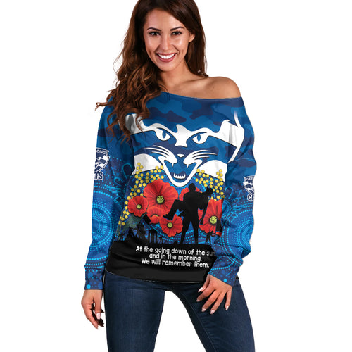 Custom Geelong Football ANZAC Off Shoulder Sweater Gallipoli Camouflage With Poppies