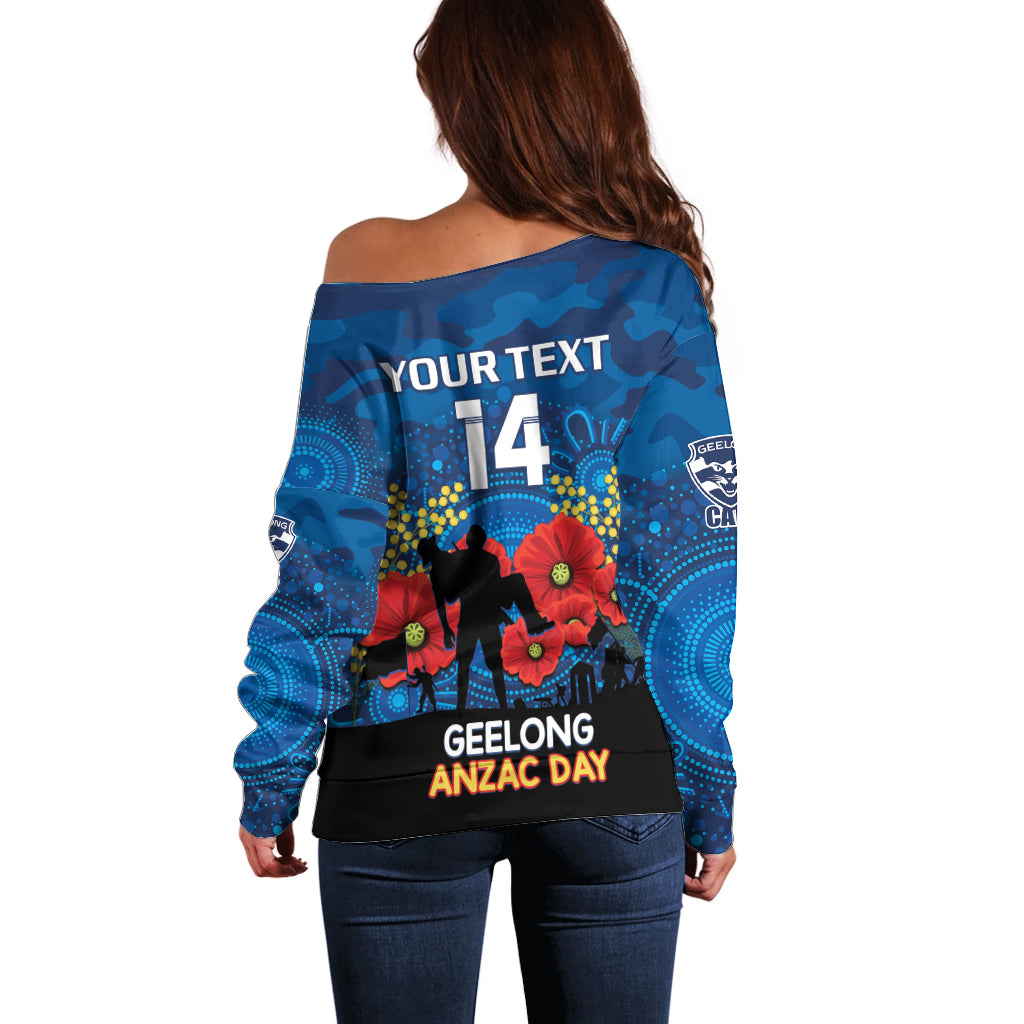 Custom Geelong Football ANZAC Off Shoulder Sweater Gallipoli Camouflage With Poppies