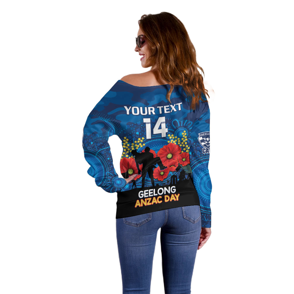 Custom Geelong Football ANZAC Off Shoulder Sweater Gallipoli Camouflage With Poppies