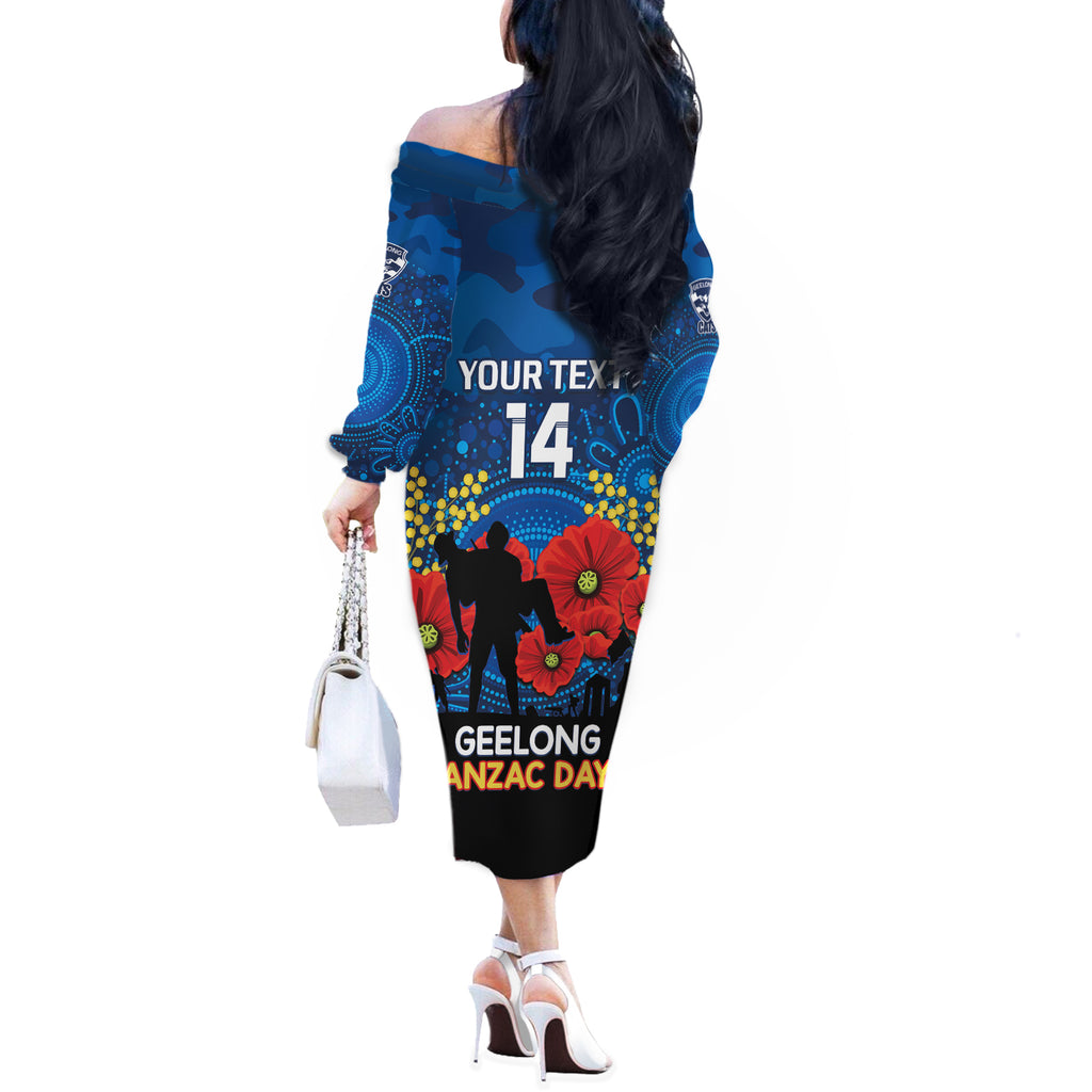 Custom Geelong Football ANZAC Off The Shoulder Long Sleeve Dress Gallipoli Camouflage With Poppies