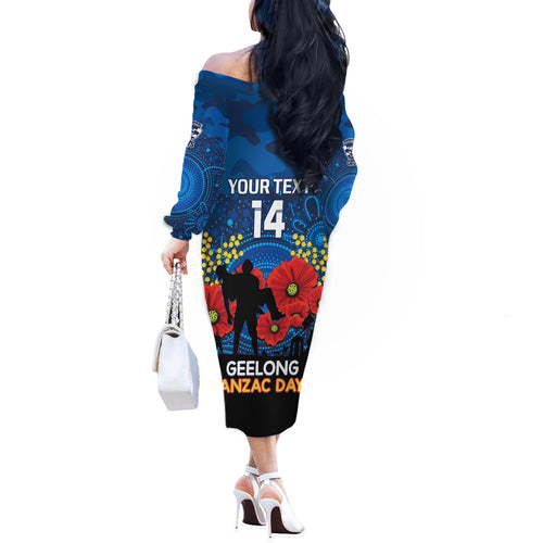 Custom Geelong Football ANZAC Off The Shoulder Long Sleeve Dress Gallipoli Camouflage With Poppies