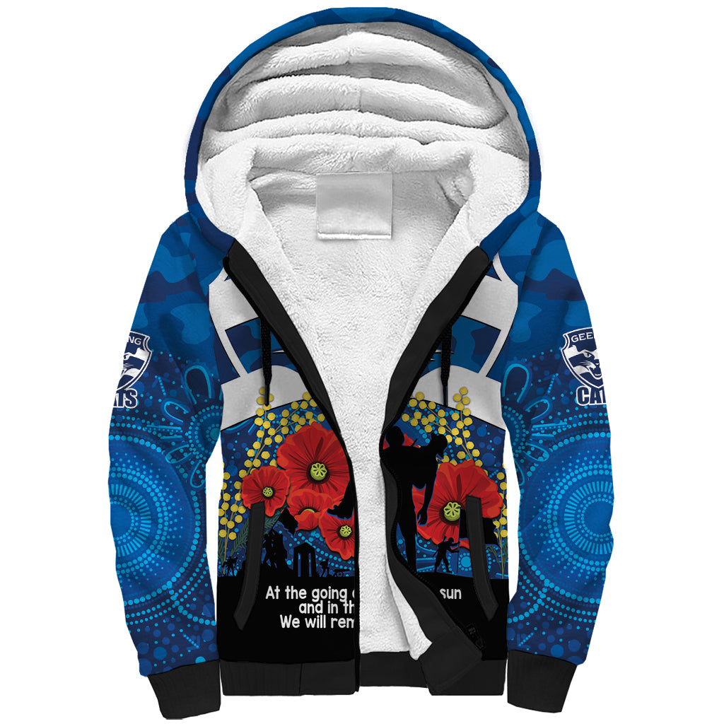 Custom Geelong Football ANZAC Sherpa Hoodie Gallipoli Camouflage With Poppies