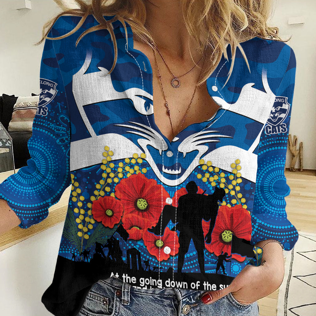 Custom Geelong Football ANZAC Women Casual Shirt Gallipoli Camouflage With Poppies