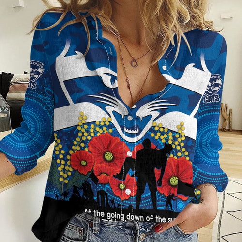 Custom Geelong Football ANZAC Women Casual Shirt Gallipoli Camouflage With Poppies