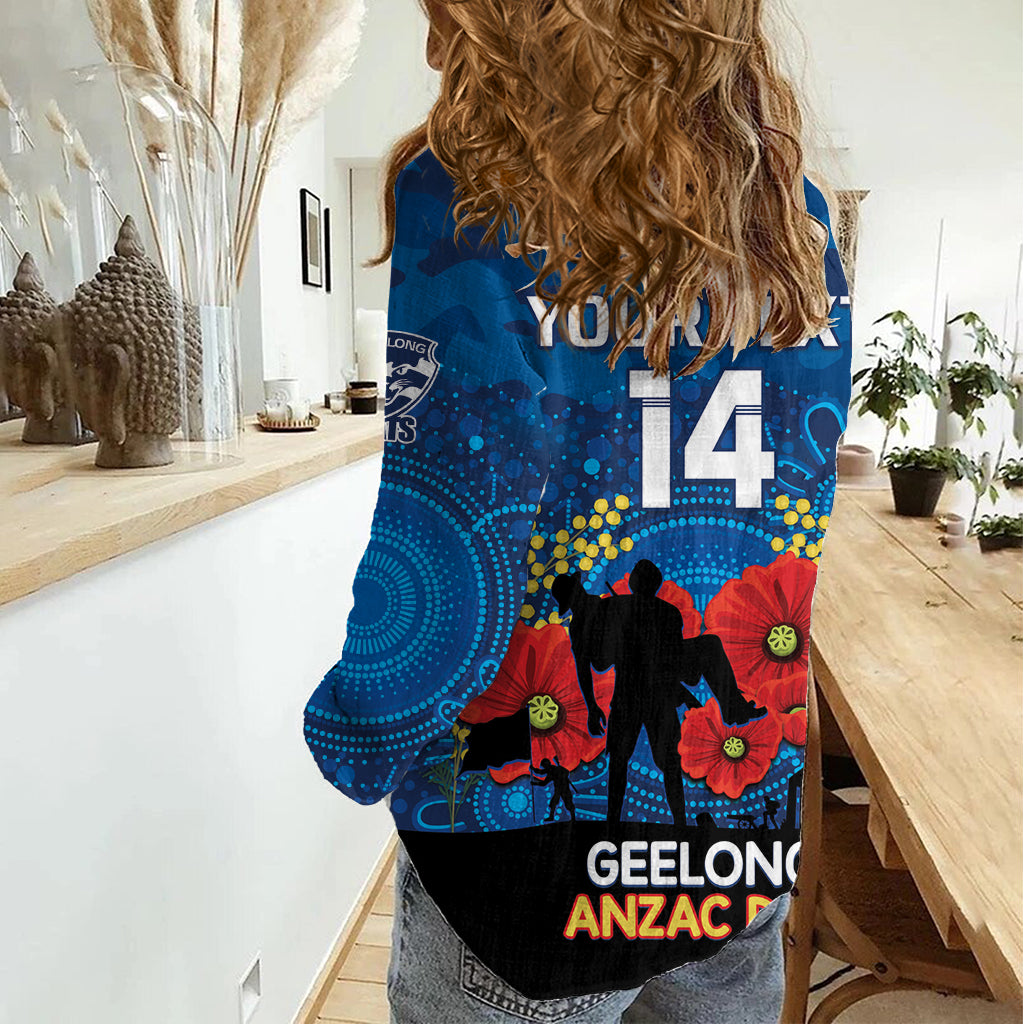 Custom Geelong Football ANZAC Women Casual Shirt Gallipoli Camouflage With Poppies