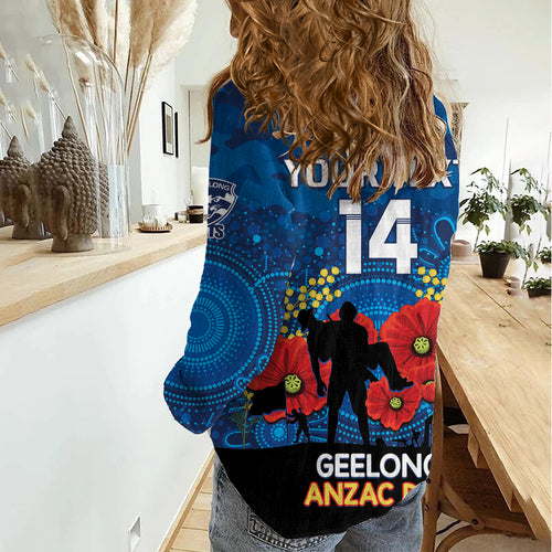 Custom Geelong Football ANZAC Women Casual Shirt Gallipoli Camouflage With Poppies