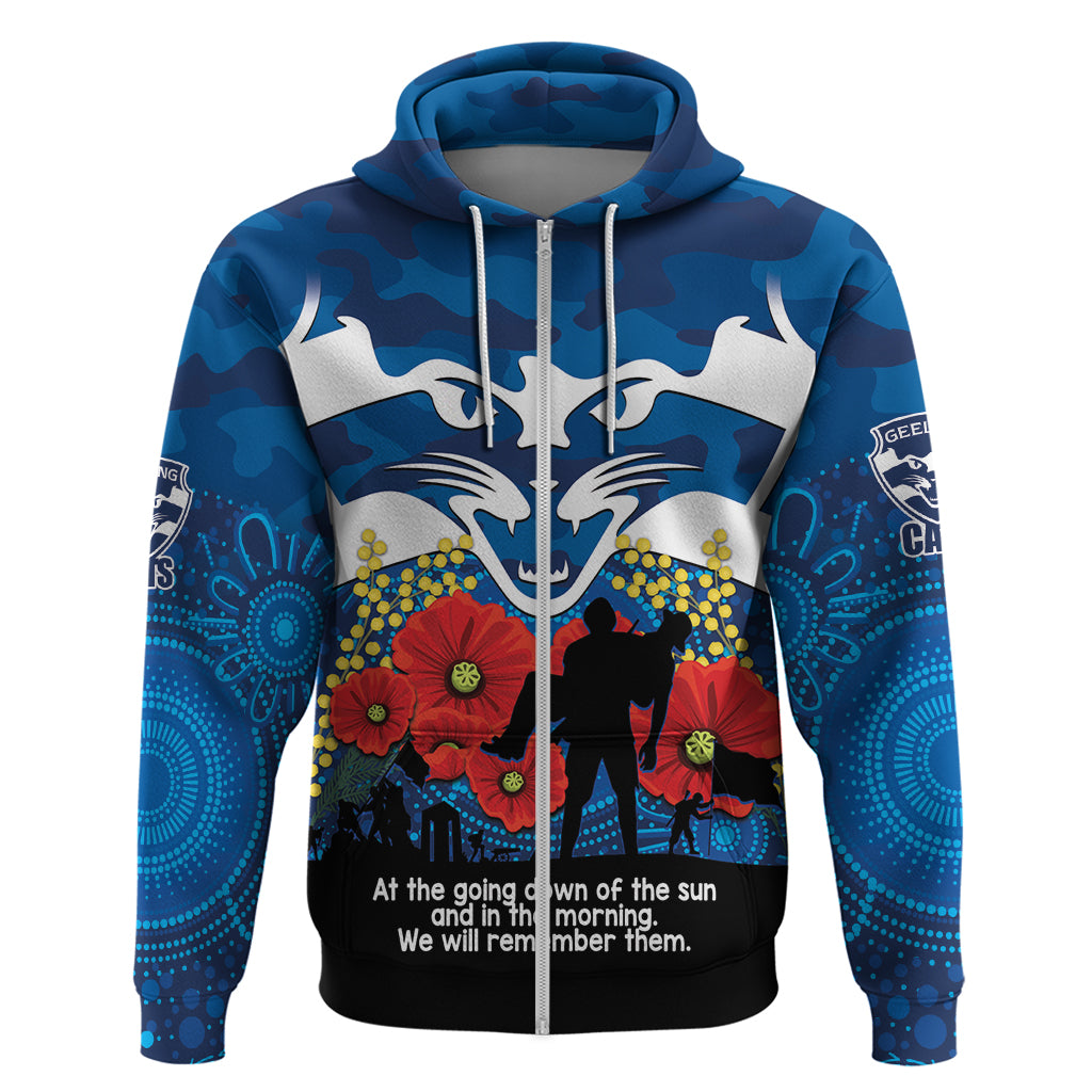Custom Geelong Football ANZAC Zip Hoodie Gallipoli Camouflage With Poppies