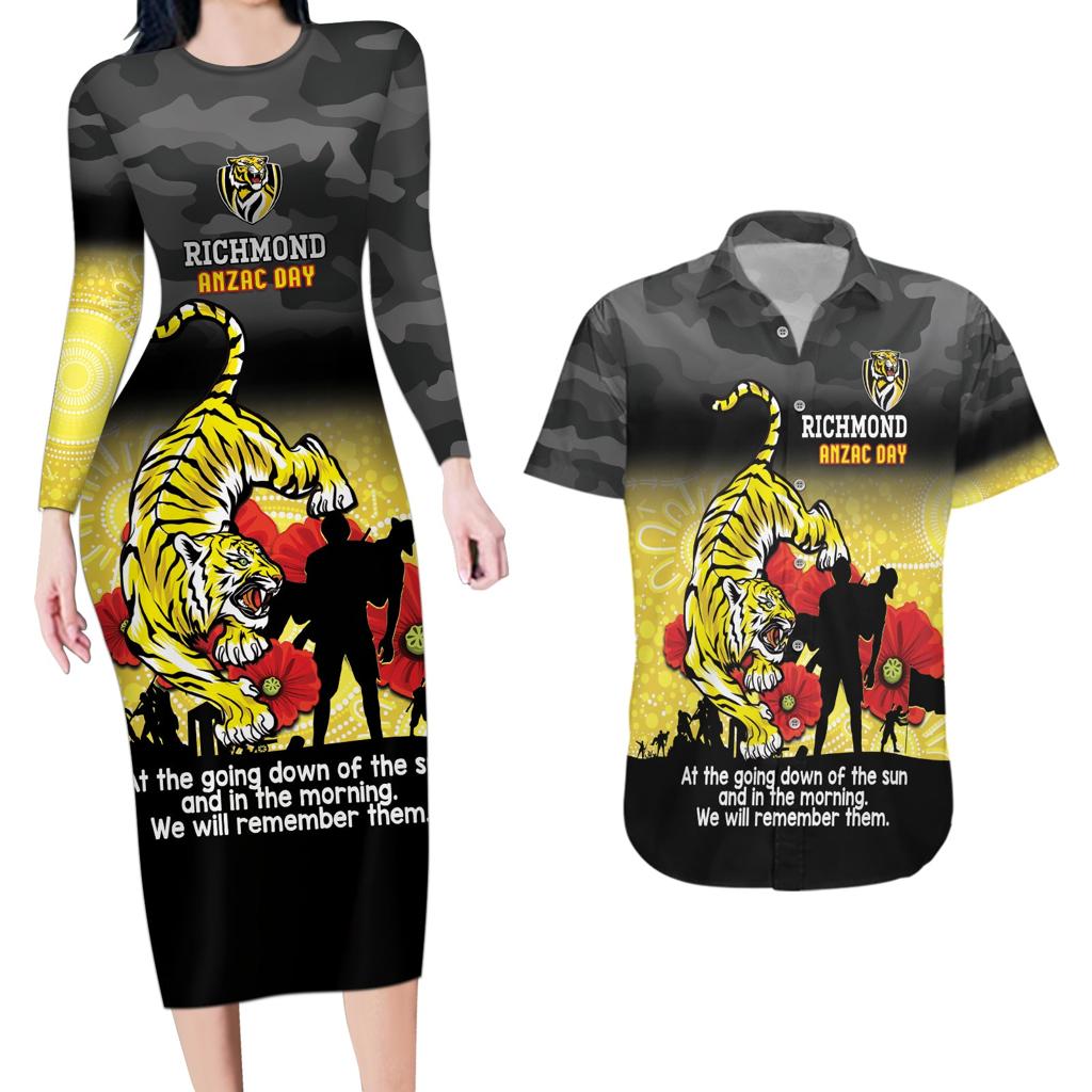 Custom Richmond Football ANZAC Couples Matching Long Sleeve Bodycon Dress and Hawaiian Shirt Gallipoli Camouflage With Poppies