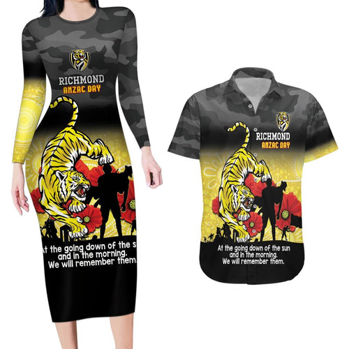 Custom Richmond Football ANZAC Couples Matching Long Sleeve Bodycon Dress and Hawaiian Shirt Gallipoli Camouflage With Poppies